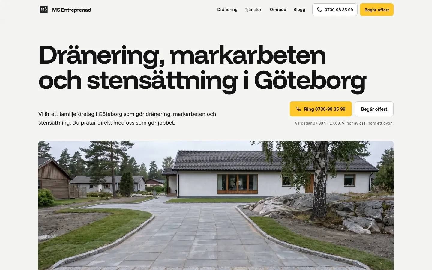Startsidan på msentreprenad.se, en sajt Webraketen byggt åt MS Entreprenad i Göteborg